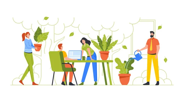 Grupp av unga affärsmän som arbetar tillsammans i moderna kontor med många gröna växter. Kreativa människor med bärbara datorer — Stock vektor