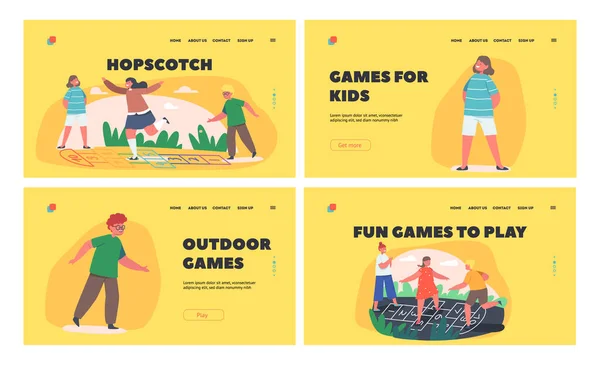 Los niños juegan Hopscotch Game Landing Page Template Set. Actividades de vacaciones de verano para niños felices. Amigos de niños y niñas — Archivo Imágenes Vectoriales