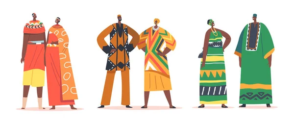 African People Pairs in Traditional Clothes Isolated on White Background. Male or Female Characters in National Costumes — 스톡 벡터