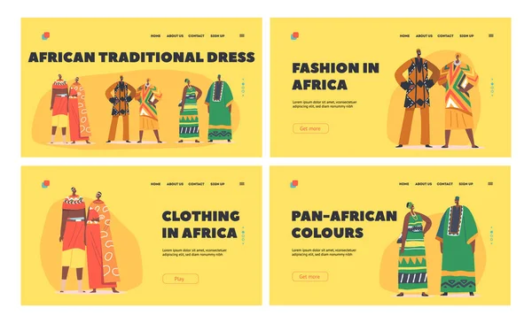 African People Pairs in traditioneller Kleidung Landing Page Template Set. Männliche und weibliche Figuren in farbenfrohen Kostümen — Stockvektor