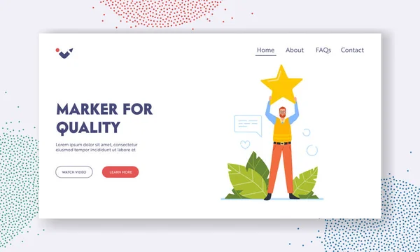 Marker voor kwaliteit Landing Page Template. Ranking Evaluatie en Classificatie. kleine klant man karakter houder ster — Stockvector