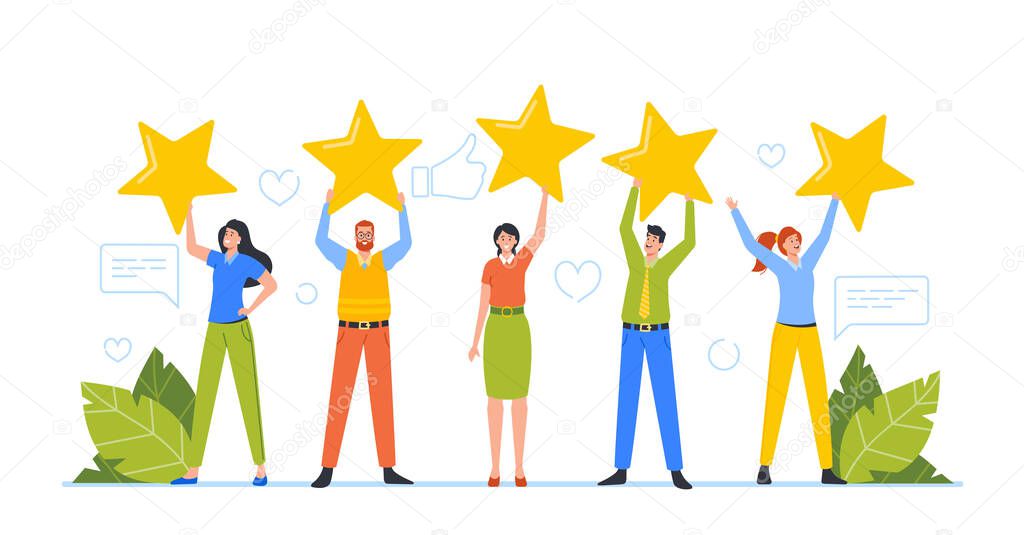 Tiny Male and Female Clients Characters Holding Huge Stars, Rating, Consumer Feedback or Customer Review Evaluation