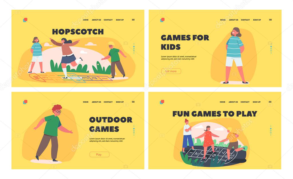 Children Play Hopscotch Game Landing Page Template Set. Happy Kids Summer Vacation Activity. Boys and Girls Friends