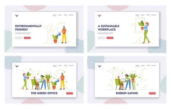 Green Office Landing Page Template Set. Group of Young Business People Working Together in Modern Workspace with Plants — стоковый вектор