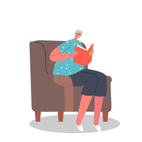 Idős női karakter olvasó hobbi, pihentetett szabadidő, szabadidő és kikapcsolódás otthon. Szenior nő könyv a kezében — Stock Vector