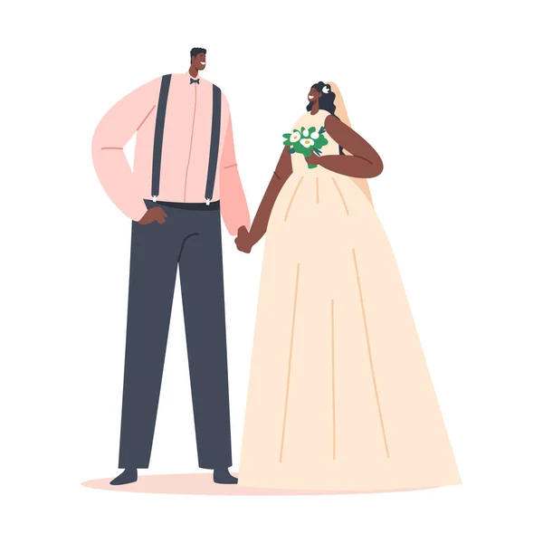 African Couple Wedding Ceremony, Black Groom in Suit and Bride in White Dress with Bouquet, Newlywed Man and Woman — Archivo Imágenes Vectoriales