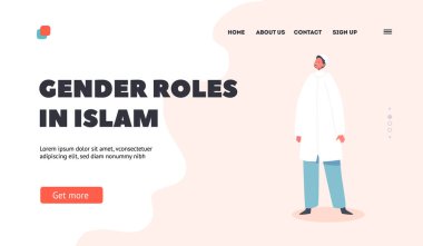 İslam İniş Sayfasında Cinsiyet Rolü Şablonu. İslami Gülen Çocuk, Arap Çocuk Geleneksel Müslüman Kıyafetleri Giyiyor