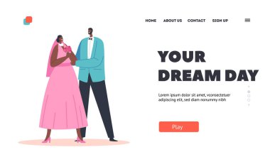 Rüya Günü İniş Şablonunuz. Yeni evli Afrikalı Adam ve Kadın Pembe Elbise Giyiyor ve Mavi Ceketli Düğünü Kutluyor