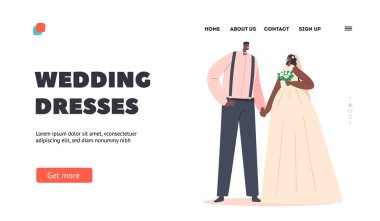 Afrika Çifti Düğün Töreni İniş Şablonu. Siyah Takım Elbiseli Damat ve Beyaz Elbiseli Gelin