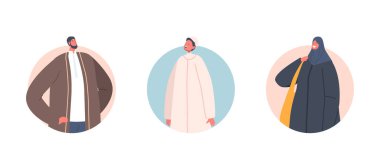 Traditional Arab People Male, Female and Kid Characters Avatars, Round Icons. Parent and Child Wear National Clothes
