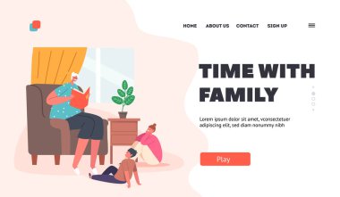 Aile İniş Sayfası Şablonu ile zaman. Büyükanne torunlara kitap okuyor. Mutlu Küçük Oğlan ve Kız Karakterler