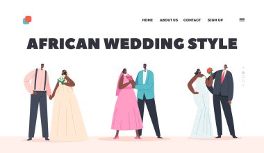 Afrika Düğün Tarzı İniş Sayfa Şablonu. Çağdaş Siyah Çiftler Evliliği, Moda Damat ve Gelin Karakterleri