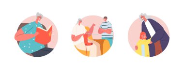 Set of Round Icons Children Visit Grandmother. Granny Reading Book, Knit Socks and Hugging with Grandchild