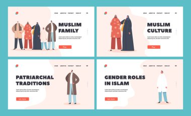 Müslüman Aile İniş Şablonu Ayarlandı. Ebeveynler, büyükanneler ve çocuklar, Genç ve Yaşlı Karakterler. Arap Halkı