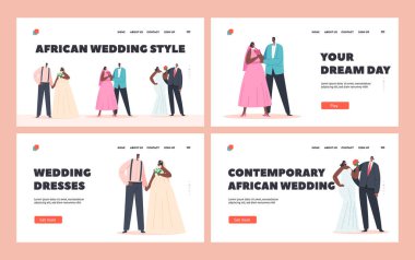 Afrika Çiftleri Düğün Töreni İniş Şablonu. Çağdaş Siyah Damat ve Gelin Karakterleri Evliliği
