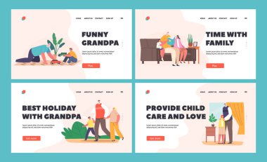 Children Visit Grandfather Landing Page Template Set. Grandpa Play, Read Book, Walk in Park Together with Grandchildren