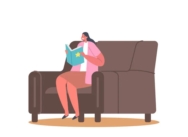女生阅读书籍坐在家里或图书馆的扶手椅上。孩子学习，女学生学习，读童话故事 — 图库矢量图片