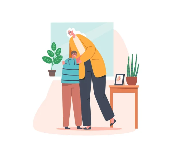 Granny Comforting Grandson, Cheerful Grandmother Hugging Little Grandson Embrace and Support. Happy Family Love — Archivo Imágenes Vectoriales