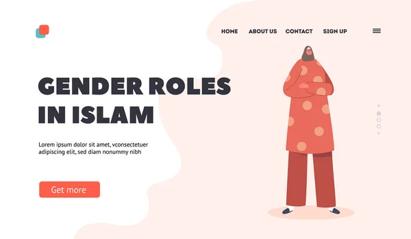 Pohlaví Role v šabloně Islam Landing Page. Muslimka nosí tradiční arabské šaty. Ženská postava v hidžábu — Stockový vektor