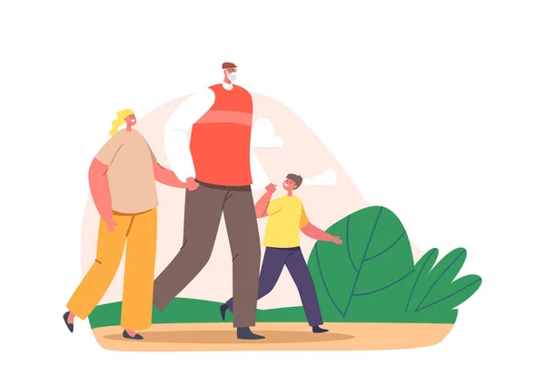 Abuelo Paseo con nietos en el parque. Personajes de la familia feliz abuelo con niña y niño pasan tiempo juntos — Vector de stock