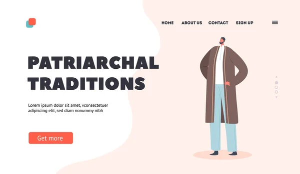 Patriarchal Traditions Landing Page Template. Muslim Male Character Wear Traditional Dress. Arab Man in National Clothes — Vetor de Stock
