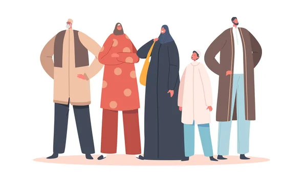 Familia Musulmana Tradicional, Padres, Abuelos e Hijos, Personajes Jóvenes y Viejos. Los árabes visten ropa nacional — Vector de stock