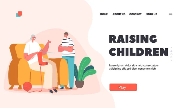 Raising Children Landing Page Template. Granny Knit Socks and Speak with Grandchild. Boy Spend Time with Grandmother — Archivo Imágenes Vectoriales