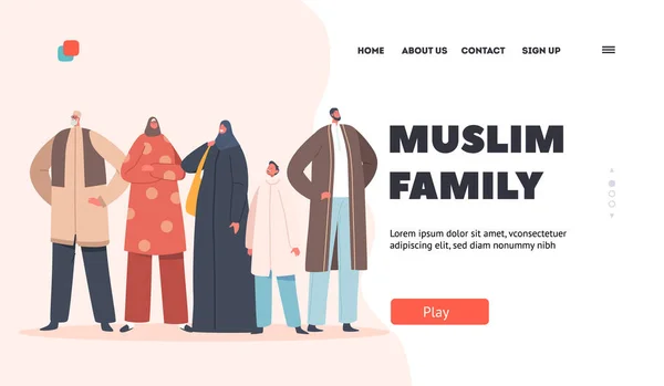 Traditional Muslim Family Landing Page Template. Parents, Grandparents and Child, Young and Old Characters. Arab People — Vettoriale Stock