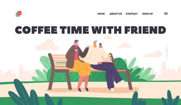 Coffee Time with Friend Landing Page Template. Old Women Outdoor Sparetime. Senior Female Characters Sitting on Bench — Wektor stockowy