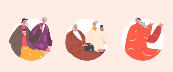 Sada kulatých ikon Senior ženské postavy, Komunikovat, chatování, Sdílení drby. Staří přátelé pít kávu, používat mobily — Stockový vektor