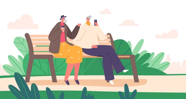 Old Friends Outdoor Sparetime. Senior Female Characters Sitting on Bench in Park or House Yard Drink Coffee, Use Mobiles — стоковый вектор
