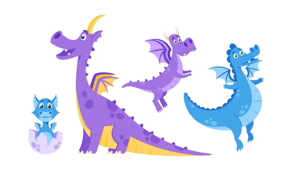 Ορισμός χαριτωμένο Fabulous Dragons. Παραμύθι Μωρό και Ενηλίκων χαρακτήρες αμφίβια, ιπτάμενα ερπετά, Μεσαιωνικά πλάσματα φαντασίας — Διανυσματικό Αρχείο