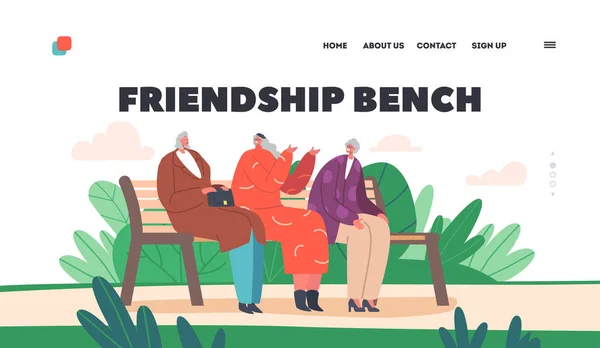 Friendship Bench Landing Page Template. Trendy Grandmothers Communicate on Bench. Senior Friends Sitting in Park — Vetor de Stock