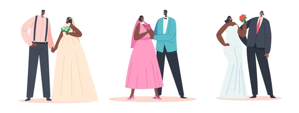Σετ African Ζευγάρια Γαμήλια Τελετή, Σύγχρονος Μαύρος Γαμπρός και Χαρακτήρες Νύφης Φοράνε Εορταστικά Ρούχα, Νιόπαντροι — Διανυσματικό Αρχείο