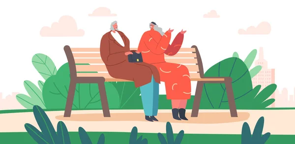 Ζευγάρι Γριές που κάθονται στον πάγκο στο πάρκο ή στην αυλή του σπιτιού, ανώτερες γυναίκες χαρακτήρες επικοινωνούν, κουβεντιάζουν — Διανυσματικό Αρχείο