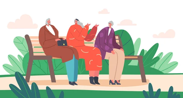 Módní babičky komunikují na lavičce. Senior Friends ženské postavy sedí v parku nebo dvoře domu chatování — Stockový vektor