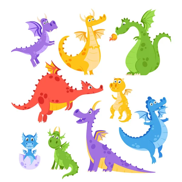 Set of Cute Dragons. Fairytale Amphibians and Reptiles With Wings and Teeth. Medieval Fantasy Wild Creatures Characters — Vetor de Stock