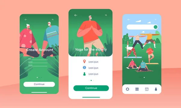 Yoga for the Elderly Mobile App Page Onboard Screen Template. Senior Male and Female Characters Practicing Meditation — Stockvektor