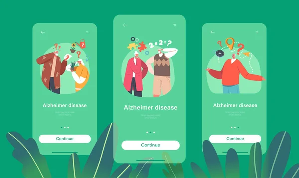 Página de la aplicación móvil de la enfermedad de Alzheimer Plantilla de pantalla integrada. Personas mayores olvidadizas, personas mayores piensan — Archivo Imágenes Vectoriales
