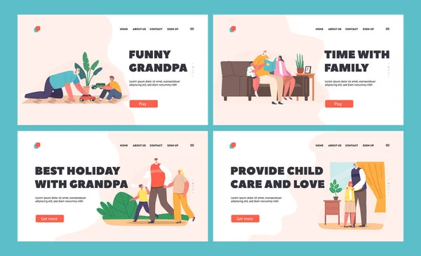 Children Visit Grandfather Landing Page Template Set. Grandpa Play, Read Book, Walk in Park Together with Grandchildren — Stockvector