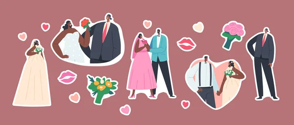 Set of Stickers African Couples Wedding Ceremony, Contemporary Black Groom and Bride Characters Wear Festive Clothes — стоковий вектор