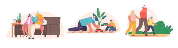 Children Visit Grandfather Concept. Grandpa Playing, Read Book, Walk in Park Together with Grandchildren. Happy Family — Vector de stock