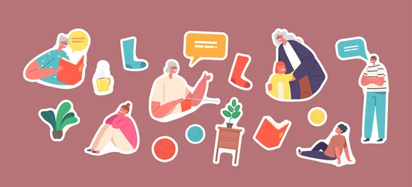 Set of Stickers Children Visit Grandmother. Granny Reading Book, Knit Socks and Hugging with Grandchildren — 스톡 벡터