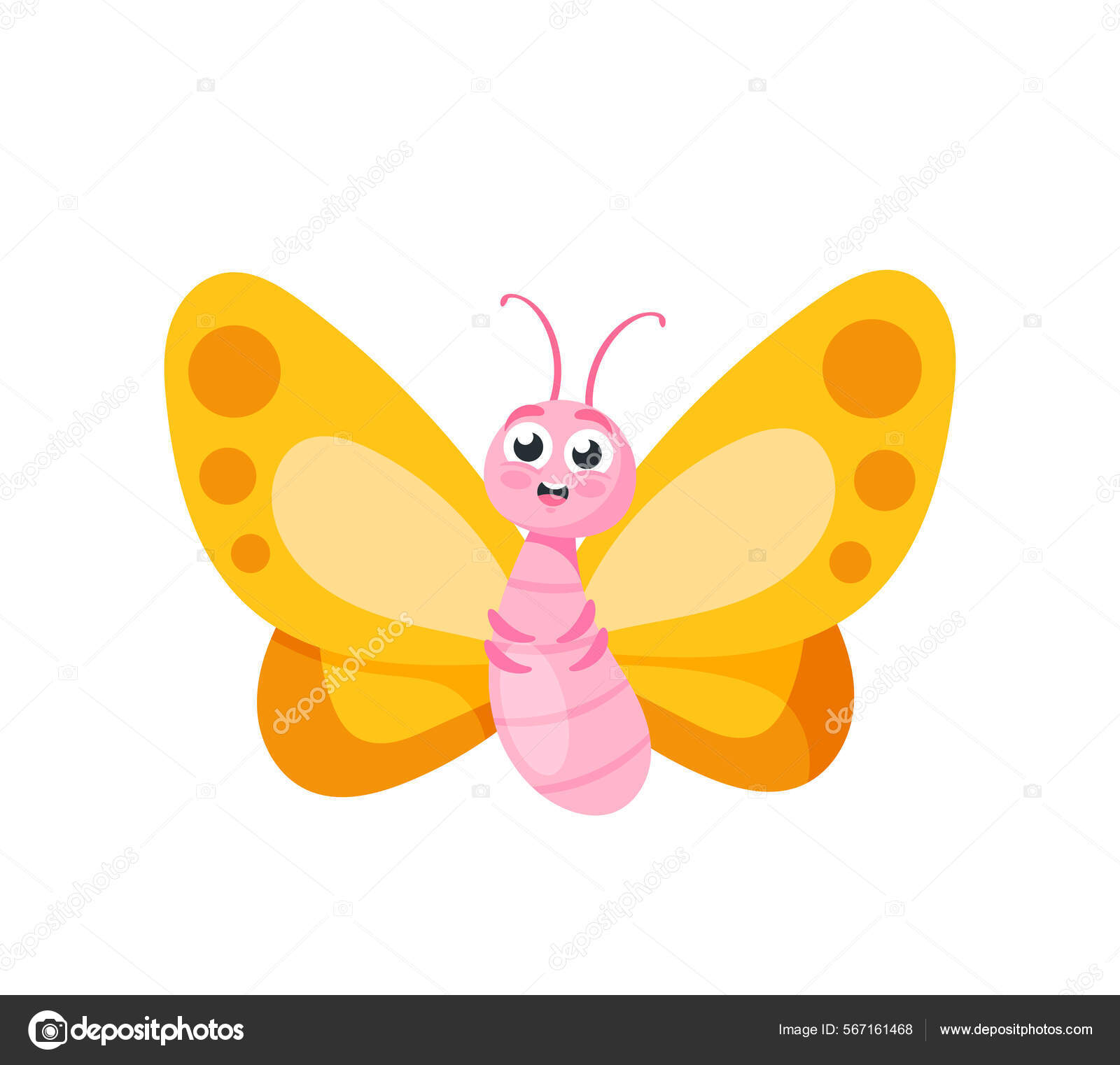 Personagem de borboleta de desenhos animados, belo inseto voador com asas  amarelas, rosto bonito e olhos grandes. Mascote engraçado, Elemento Vetor  de ©vectorlab 567161468, image size:1600x1522