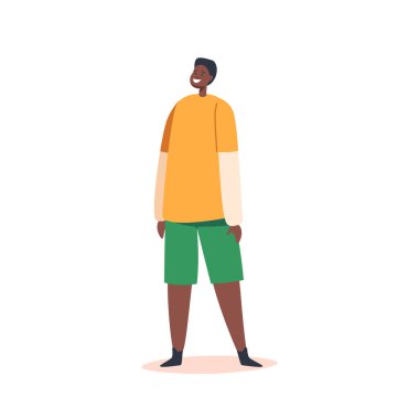 Küçük mutlu Afrikalı çocuk uzun kollu ve beyaz arka planda izole edilmiş şort giyiyor. Siyah Çocuk Karakteri Gülümsüyor