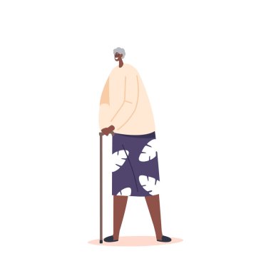 Beyaz Arkaplanda Yürüyen Çubuklu Bekar Yaşlı Afrika Kadın Karakteri. Olgun Olgun Siyah Kadın