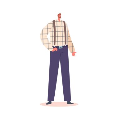 Single Male Character Wear Chequered Shirt and Blue Trousers on Suspenders Isolated on White Background