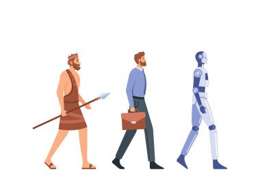 İnsanlık Gelişim Konsepti. Mağara Adamı 'ndan İş Adamı ve Cyborg' a Erkek Karakteri Evrimi. Robot Büyüme Süreci