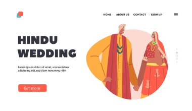 Hindu Düğün İniş Şablonu. Yeni evli Hintli erkek ve kadın güzel elbiseler giyer Düğün Törenini kutlarız