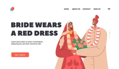 Güzel Hintli Çift Geleneksel Kostüm Giyiyor Düğün Töreni İniş Sayfası Şablonu. Damat ve Gelin Yeni Evli